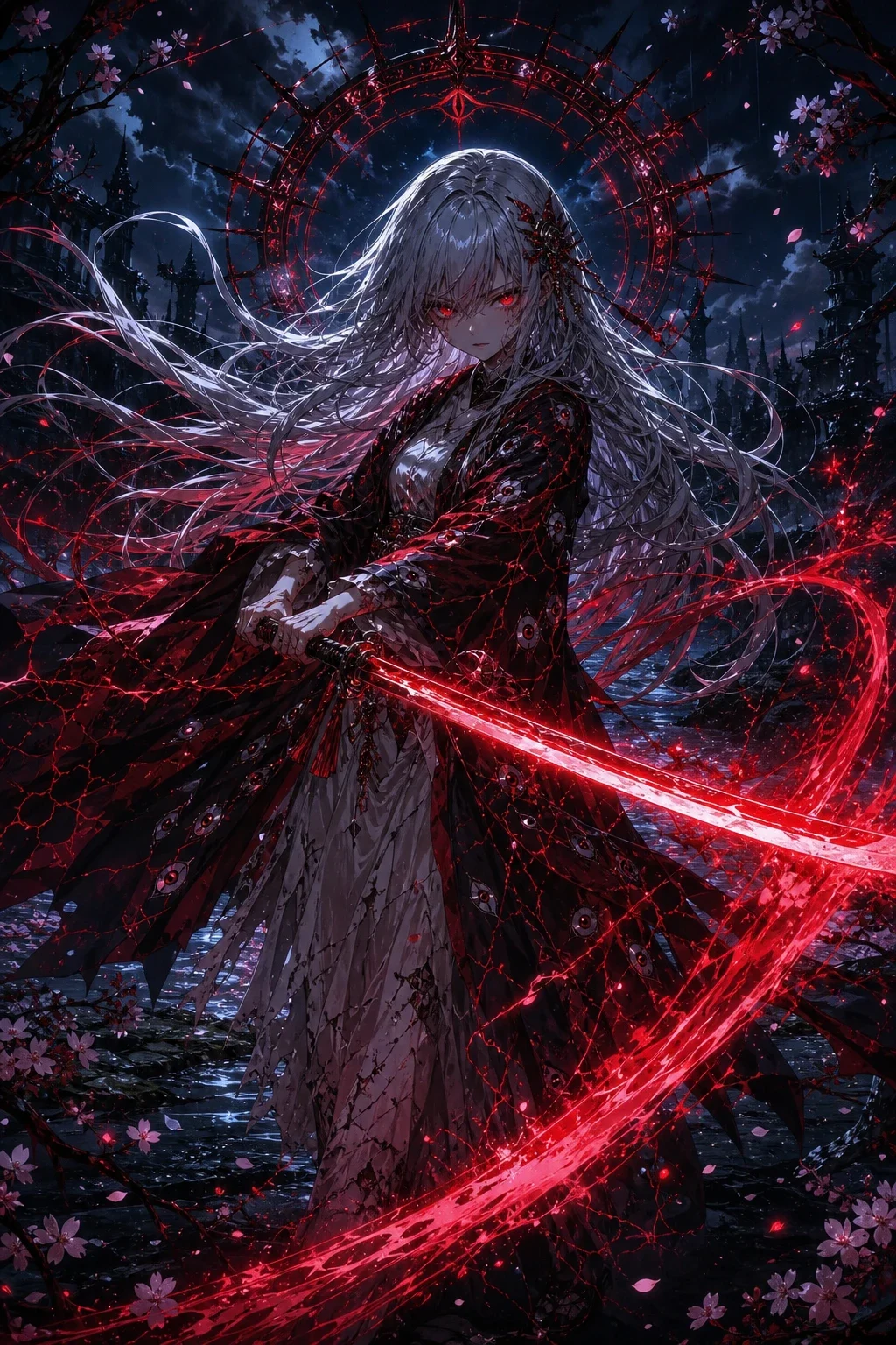 Silver-haired anime warrior with red katana