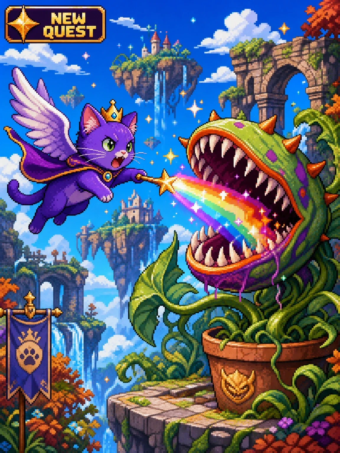 Pixel art winged cat casting rainbow magic