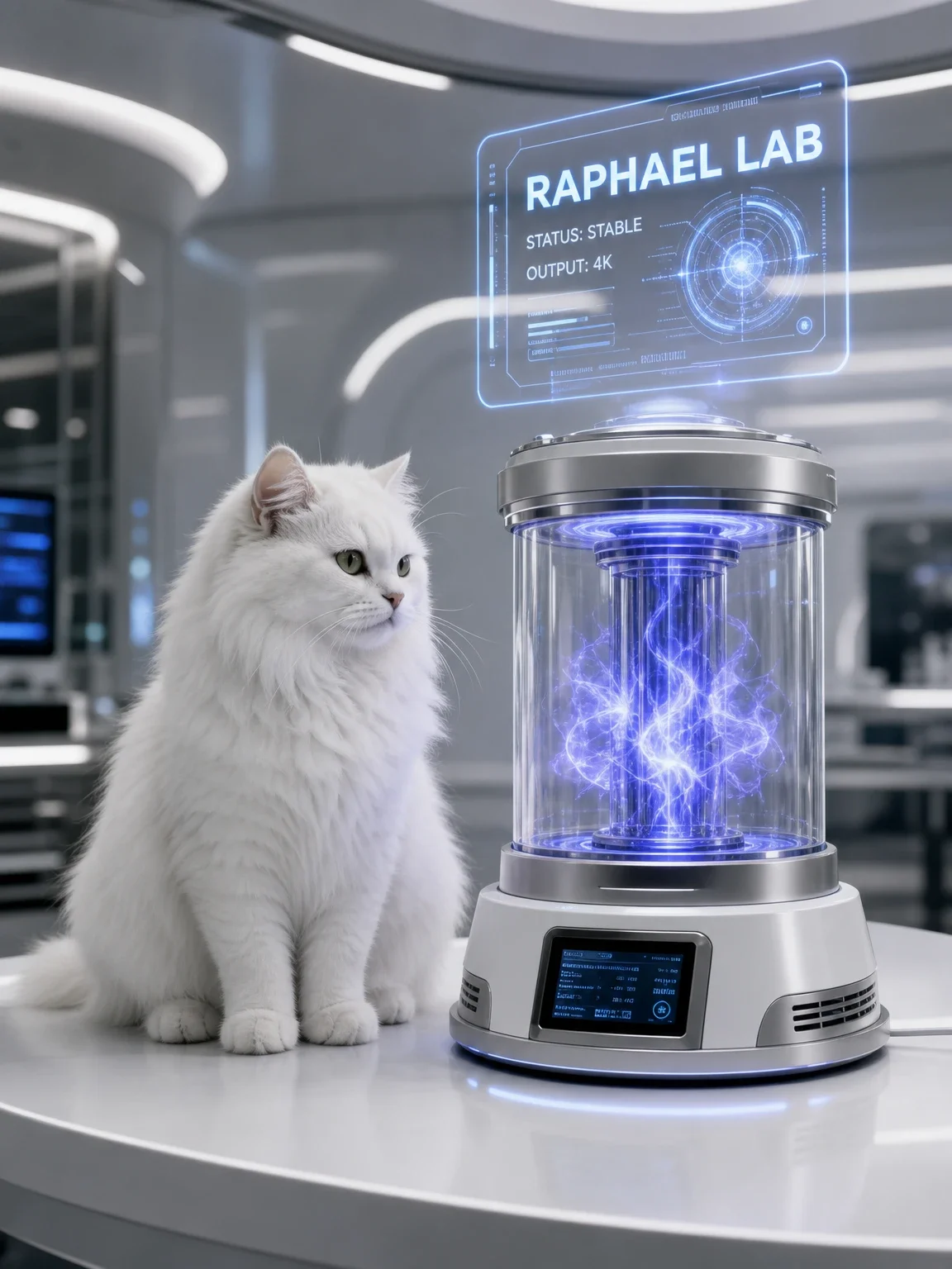 White cat beside holographic lab capsule