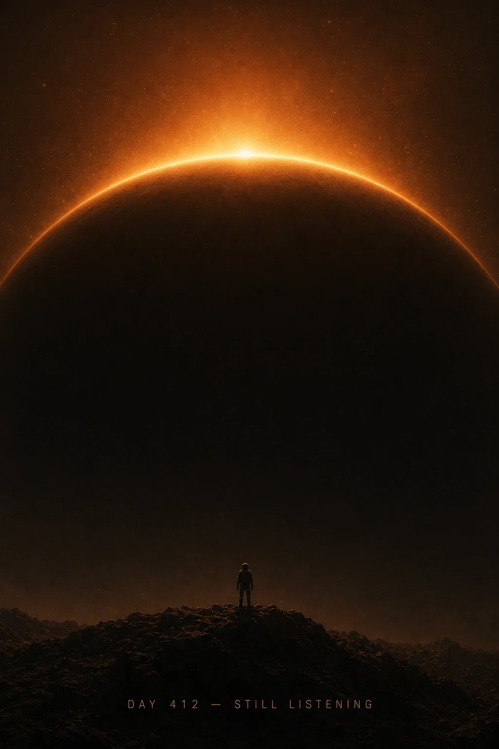 Tiny astronaut under giant planet crescent