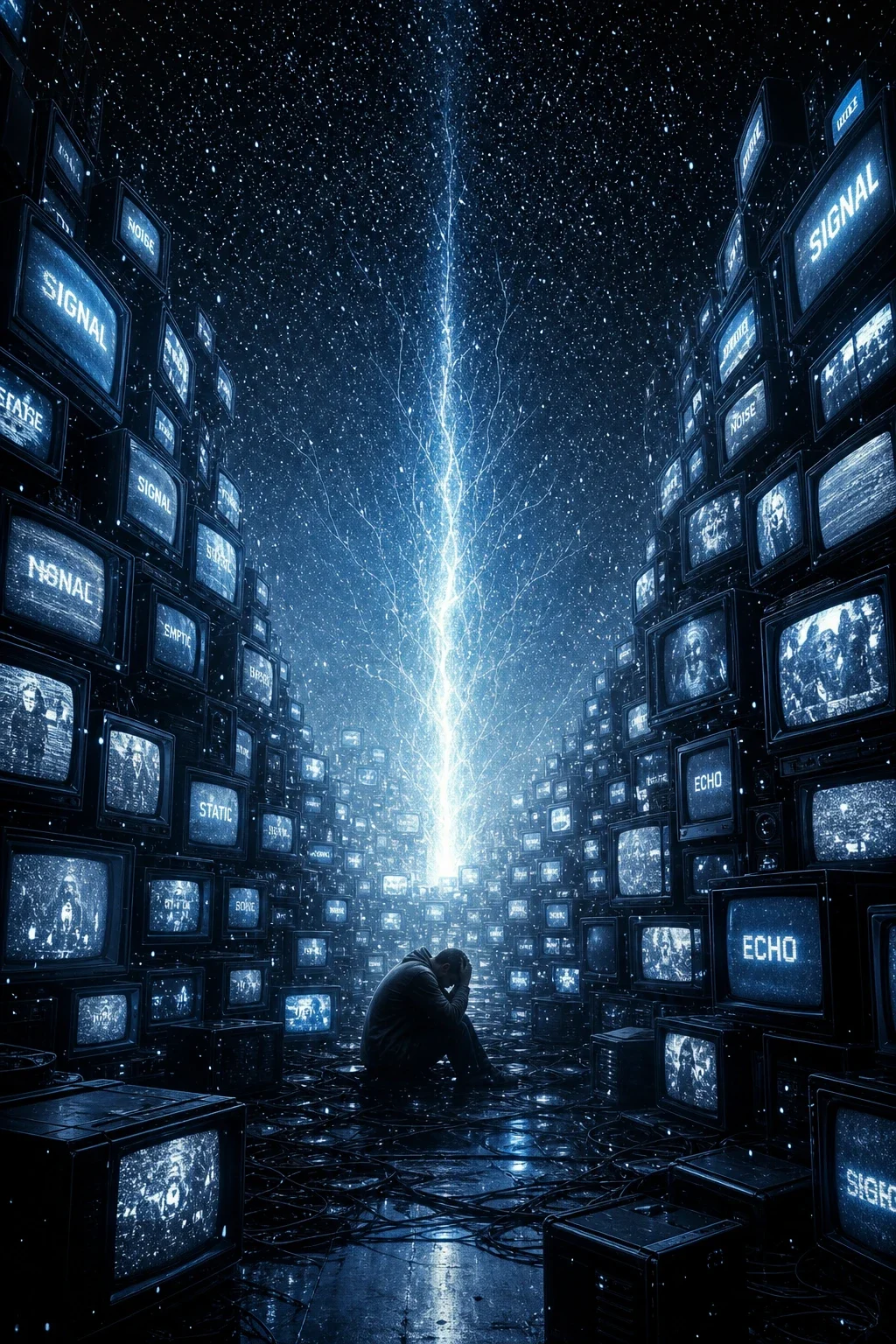 Person in canyon of glowing CRT televisions