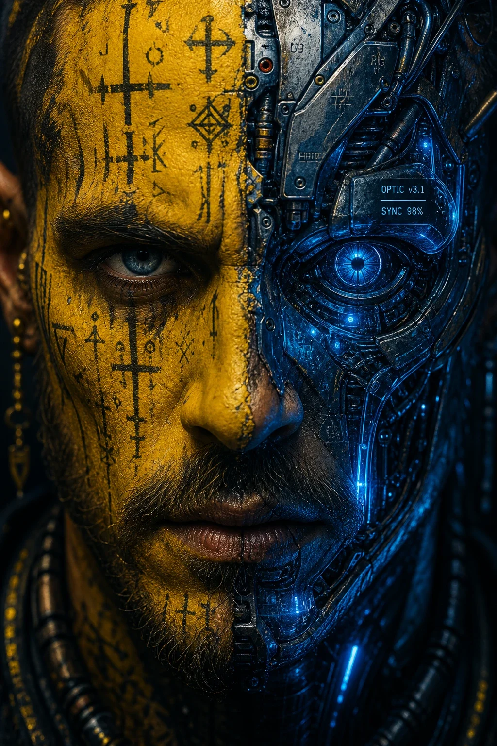 Split face ritual paint and blue robotics