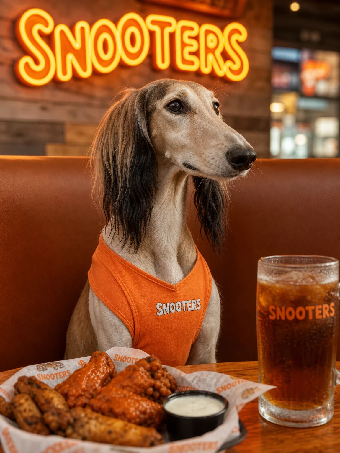 Long-nosed dog in orange SNOOTERS vest