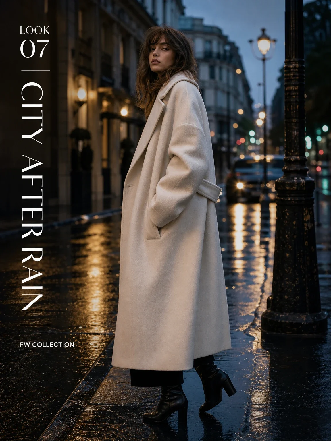 Fashion editorial on rainy dusk street