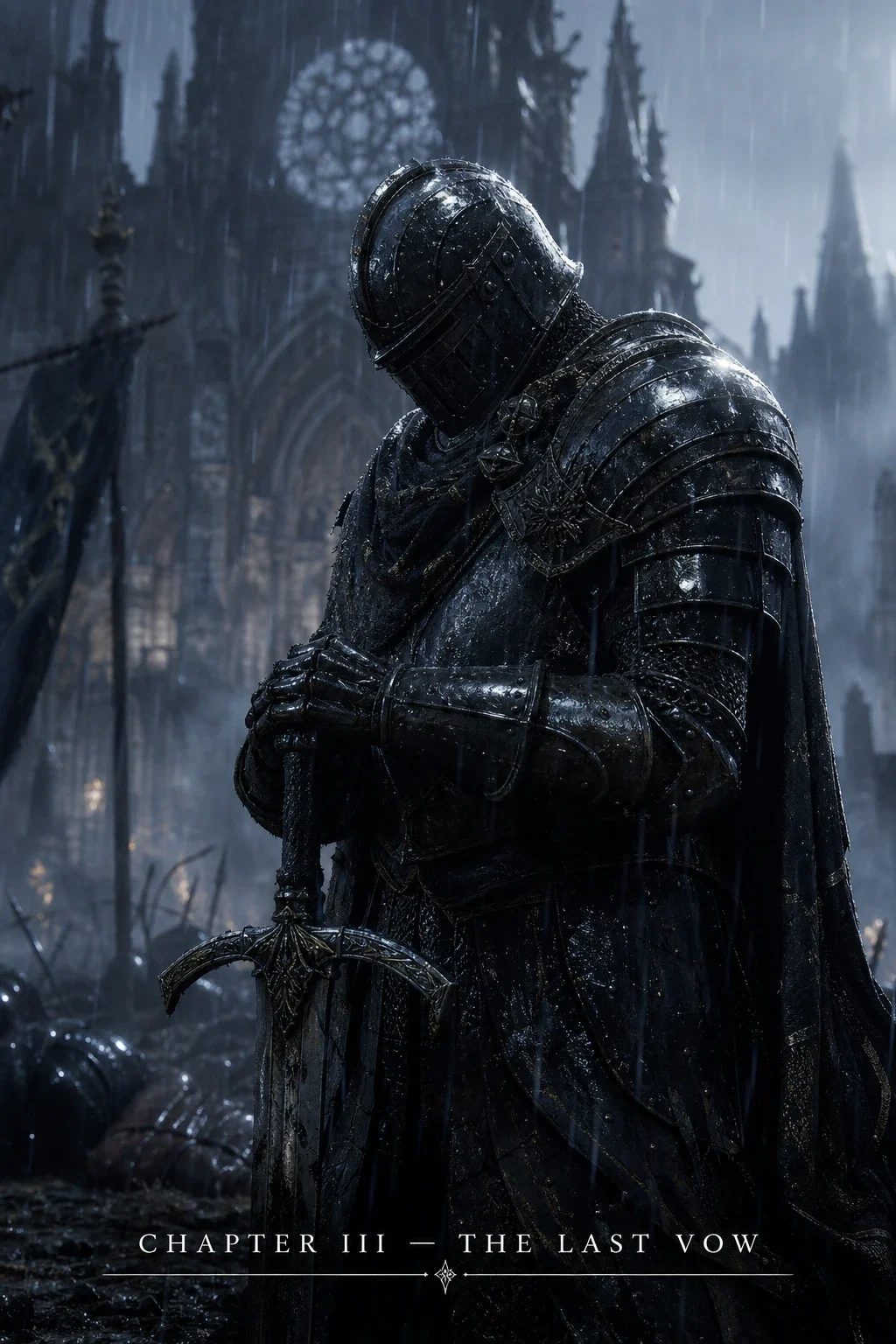 Knight in rain before ruined cathedral