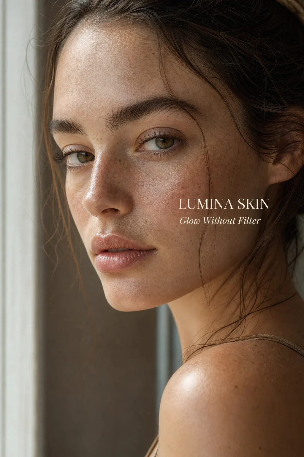 Soft window-light freckled beauty close-up