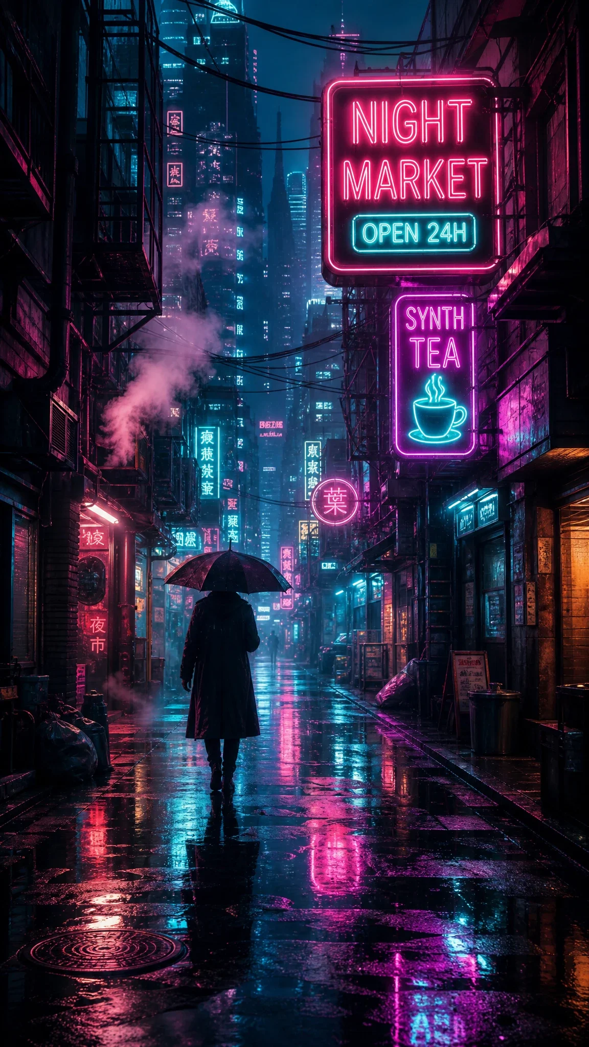 Cyberpunk neon alley story frame