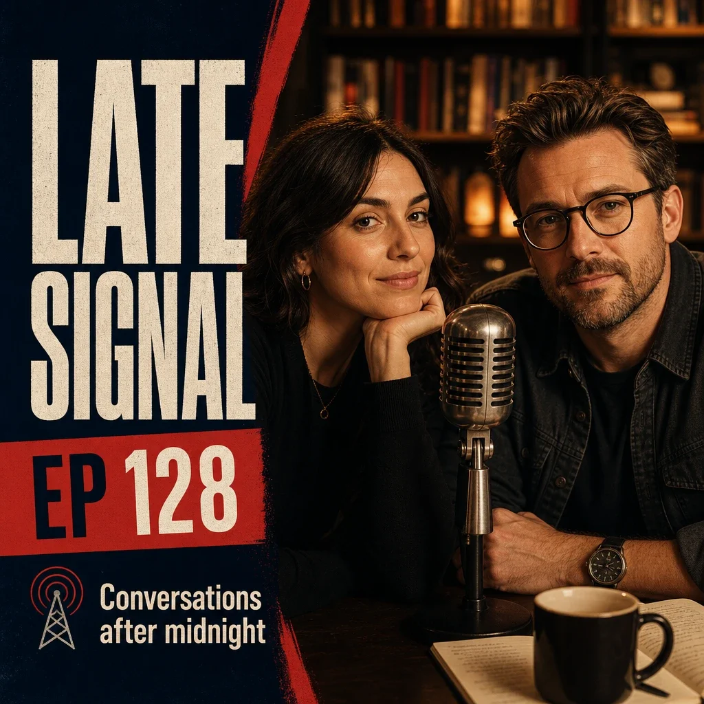 Podcast cover with two hosts and mic