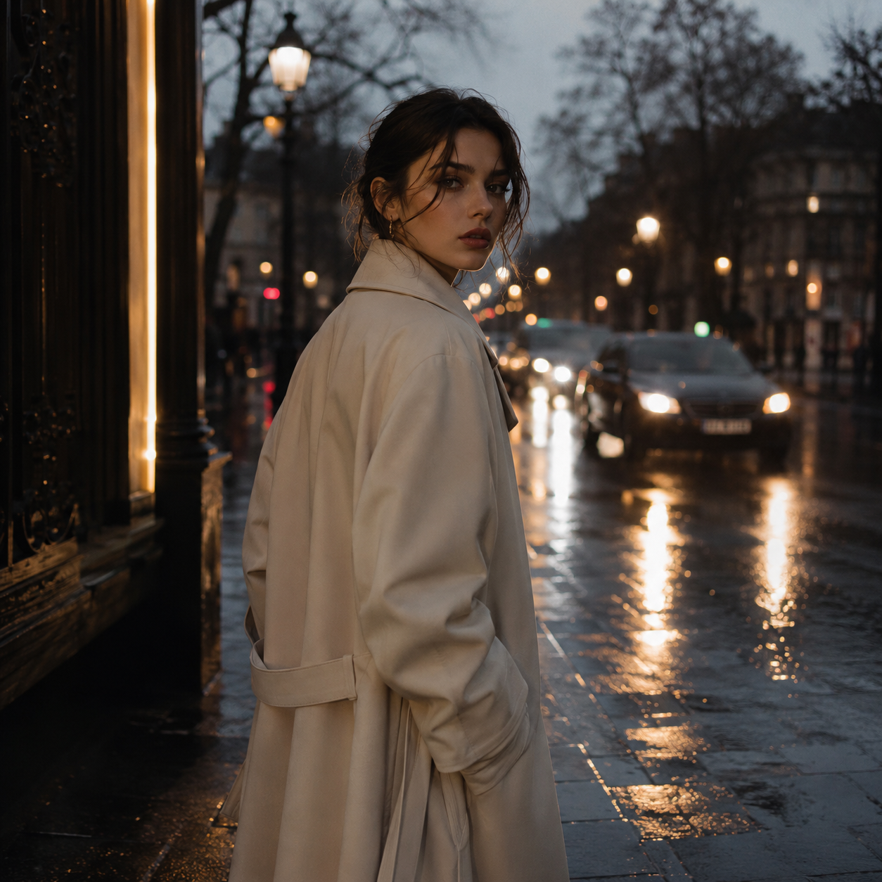 Fashion portrait on rainy street as reference mood