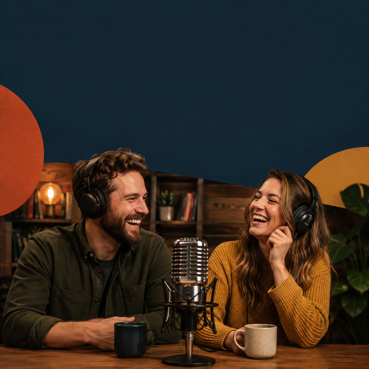 Square podcast cover with two hosts and mic