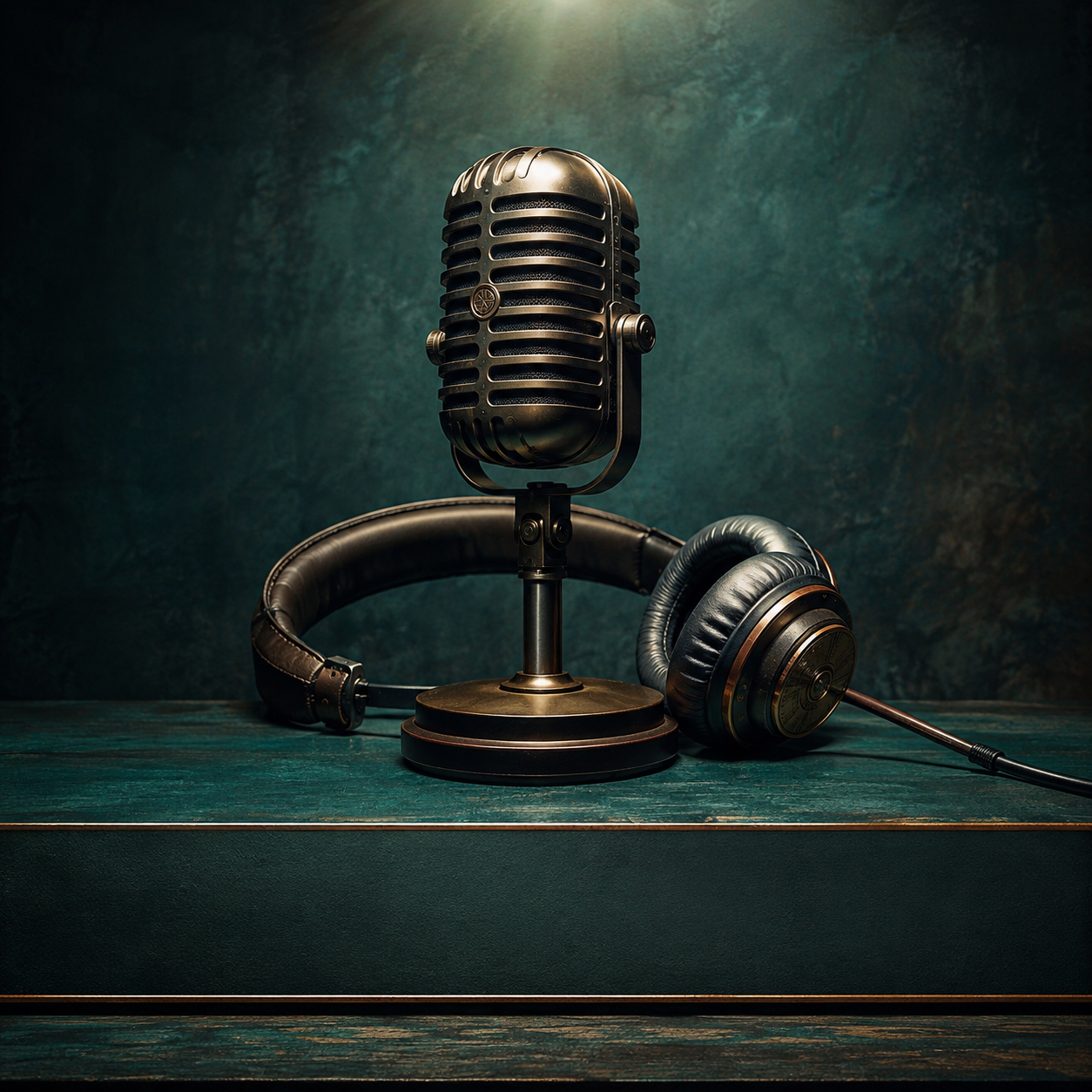 Minimal podcast cover with mic and headphones