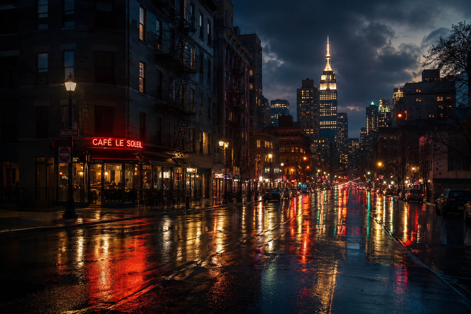 Rainy neon city street cinematic photo
